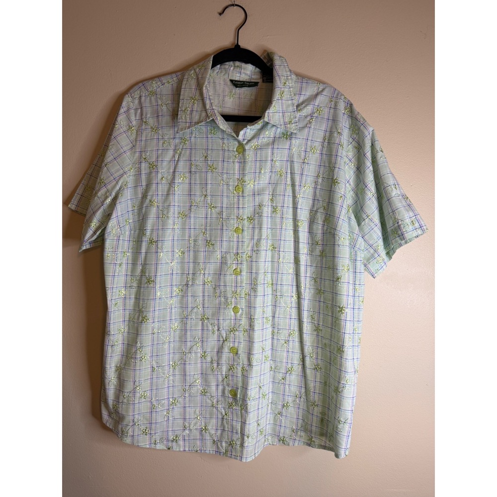 Lemon Grass Studio Plaid Floral Embroidered Button Up Shirt Green Blue 1X